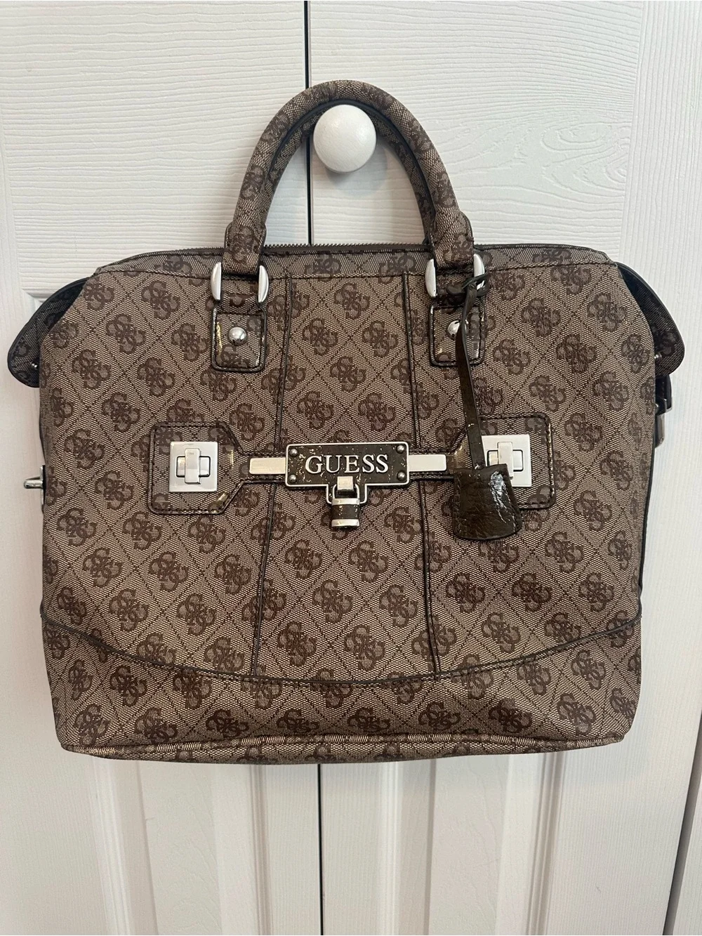 GUESS Brown Monogram Satchel Purse with Logo Plaque